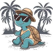 Cool Turtle Wearing Sunglasses and Hat Relaxing by Palm Trees Illustration vector