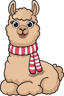 Cute Cartoon Llama Wearing Striped Scarf Cozy Winter Illustration