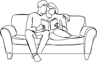 Couple Reading Together on Sofa Line Art Illustration for Relaxation and Leisure vector