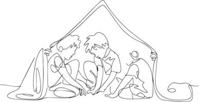 Continuous Line Drawing Children Playing Under Blanket Creativity Friendship vector