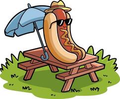 Cool Hotdog Relaxing Under Umbrella on Picnic Table Cartoon vector
