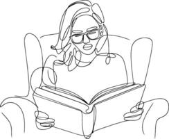Continuous Line Drawing Woman Reading Book Relaxing Chair vector