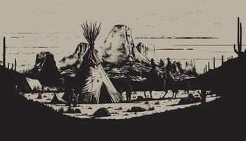 An illustration of a desert landscape with teepees and cactus vector