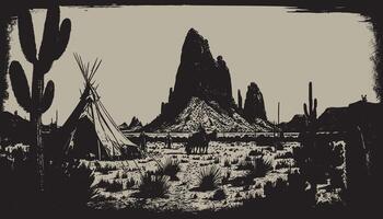 A black and white drawing of a desert scene vector