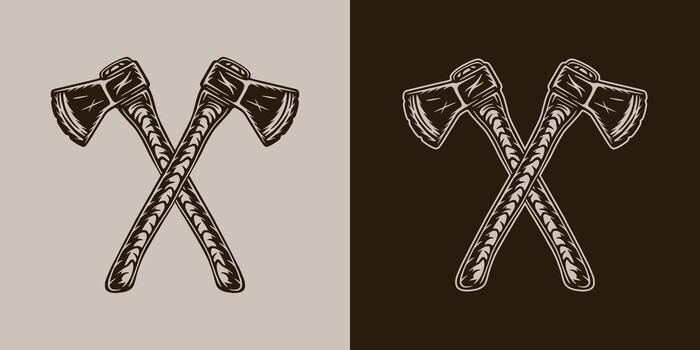 Two axes with handles on a brown and white background vector