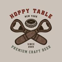 Hoppy table logo with two beer bottles and a hammer vector