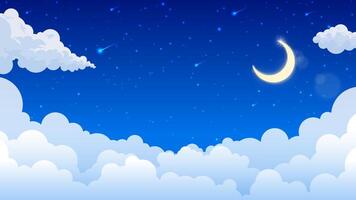 Fluffy clouds night scene with moon and stars vector