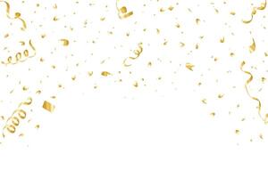 Shiny gold color ribbons and confetti falling on a white background. Golden confetti and ribbons. Confetti and tinsel element design for birthday, party, anniversary, and holiday. vector