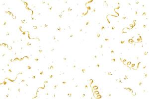 Golden ribbons and confetti explosion on a white background. Confetti and ribbons for birthday, party, anniversary, and holidays. Gold color confetti and tinsel with burst effect. vector