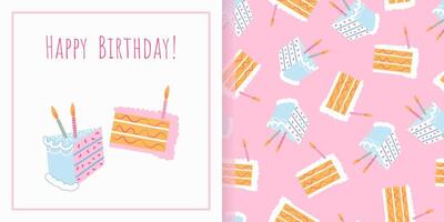 Happy Birthday trendy Greeting Card with cake and typography design. Festive universal elegant artistic template. For poster, business card, invitation, flyer banner email header Cute pattern vector
