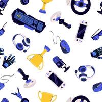 Pattern with Accessories For Virtual Reality And Cyberspace Entertainment And Gaming Vr Glasses Steering Wheel Gamepad winner cup Microphone keyboard headphones vector