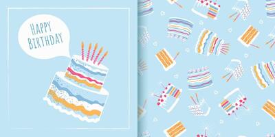 Happy Birthday trendy Greeting Card with cake and typography design. Festive universal elegant artistic template. For poster, business card, invitation, flyer banner email header Cute pattern vector