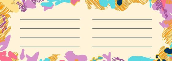 Kids notebook page design. Blank background with abstract Simple shapes, trendy doodle elements, creative decoration, empty horizontal lines for writing. Notepad paper template. vector