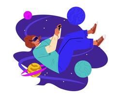 Man wearing virtual reality goggles cosmic landscape immersed in a dynamic virtual world or metaverse. The planets and the stars next to her. Concept of modern technology and new experience vector