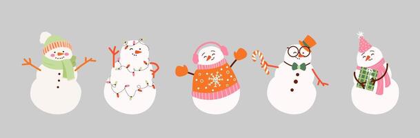 Set of cute snowmans in in a scarf with a gift. Holiday cartoon and character in scarf and hat flat style on pink background. Print, wrapping paper, wallpaper. Merry Christmas and happy new year vector