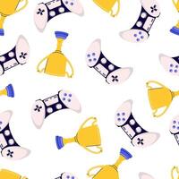 Pattern with trophy cup, and gamepad, game concept. Gold winner cup on white background. Fashion patch, badge, emblem. For web and mobile graphic design vector