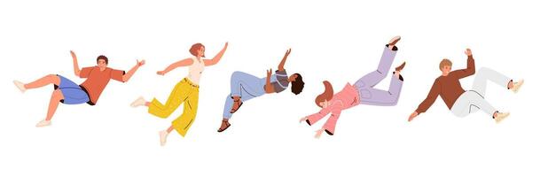 Flying people. Movement in air, falling young characters in different poses, hovering and soaring, happy guys and girls, cartoon flat set vector