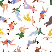 Pattern with flying people. Movement in air, falling young characters in different poses, hovering and soaring, happy guys and girls, cartoon flat set vector