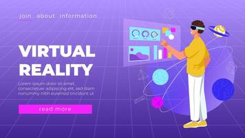 Man in AR or VR glasses. Young guy in artificial reality with statistics. Infographics, charts and diagrams. Metaverse and cyberspace. Modern technologies and innovations. Cartoon flat vector