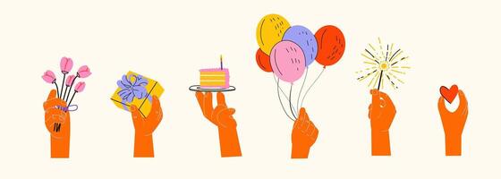 Illustration of hands holding balloons and cake vector