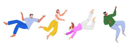 People wearing virtual reality glasses, immersed in a dynamic virtual world or metaverse. Future technology modern innovations. Set of flat illustration vector