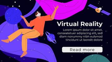 Man flies in outer space with planets and stars in VR headset and futuristic glasses interacting and exploring a virtual world. Metaverse digital virtual reality. Concept of future innovations. vector