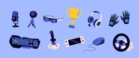 Set Of Accessories For Virtual Reality And Cyberspace Entertainment And Gaming Vr Glasses Steering Wheel Gamepad winner cup Microphone keyboard headphones Fashion emblem web and mobile graphic design vector