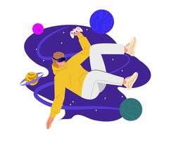 Man wearing virtual reality goggles cosmic landscape immersed in a dynamic virtual world or metaverse. The planets and the stars next to her. Concept of modern technology and new experience vector