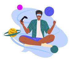 Man wearing virtual reality goggles cosmic landscape immersed in a dynamic virtual world or metaverse. The planets and the stars next to her. Concept of modern technology and new experience vector