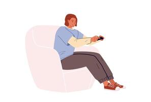 Man with joystick have relax rest home free time playing game at home controller console, isolated on white background Young man with gamepad have fun engaged in game Addiction and hobby. vector
