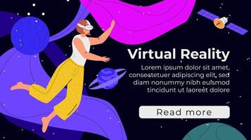 Woman flies in outer space with planets and stars in VR headset and futuristic glasses interacting and exploring a virtual world. Metaverse digital virtual reality. Concept of future innovations. vector