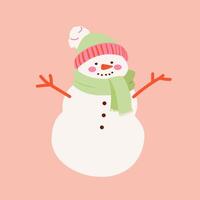 Cute snowman in in a sweater and mittens. Holiday cartoon and character in scarf and hat flat style on pink background. Print, wrapping paper, wallpaper. Merry Christmas and happy new year vector