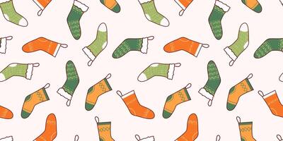Seamless pattern with colorful socks. Winter print. Hand drawn illustration. Holiday background with Christmas elements. Cartoon texture for fabric, wallpaper, wrapping paper. vector