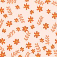 a pattern with orange flowers and leaves on a light pink background vector