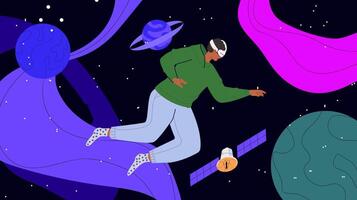 An illustration of a man in a space suit flying through the universe vector