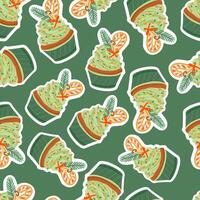 Christmas pattern with cupcake with candy cane, cinnamon. Winter holiday design for greeting card, invitation, cover, calendar, social media posts, menu, fabric, print vector