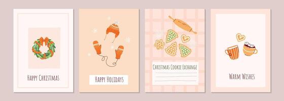 Set New Year greeting cards with hat and mittens, door wreath, cookies, mugs of cocoa with marshmallows tea Winter holiday design Christmas card, invitation cover calendar social media posts menu vector