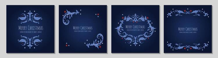 Set of square Christmas and New Year greeting card. Green background with traditional book ornaments. Holiday design for greeting card, invitation, cover, calendar, social media posts. vector