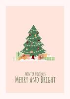 New Year greeting card with Christmas tree with retro decoration and gift boxes. Winter holiday design for greeting card, invitation cover calendar social media posts menu vector