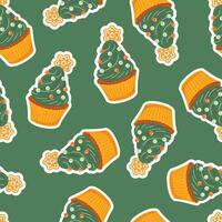 Pattern with cupcake in form Christmas tree. Winter holiday design for greeting card, invitation, cover, calendar, social media posts, menu, fabric, print vector