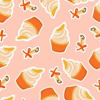 Christmas pattern with cupcake with orange slice cinnamon. Winter holiday design for greeting card, invitation, cover, calendar, social media posts, menu, fabric, print vector
