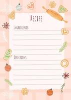 Christmas holiday baking recipe template with rolling pin, fir branches and gingerbread cookies. Copy space for ingredients and instructions. Cozy illustration. vector