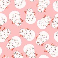 Merry Christmas and happy new year pattern with cute snowman in winter costume. Holiday cartoon and character in scarf and hat flat style on pink background. Print, wrapping paper, wallpaper, card vector