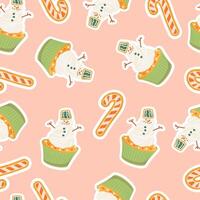 Christmas pattern with cupcake in form snowman with candy cane. Winter holiday design for greeting card, invitation, cover, calendar, social media posts, menu, fabric, print vector