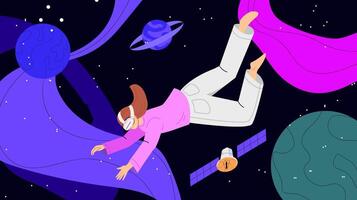 An illustration of a woman floating in space vector