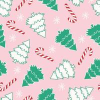 Christmas cute winter seamless pattern with Christmas trees and candy cane. Happy New Year background. For print, menu, wrapping paper, wallpaper, packaging, banner, poster, header vector
