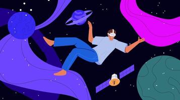 A man is floating in space with a satellite and planets vector