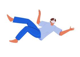 Man wearing virtual reality glasses, immersed in a dynamic virtual world or metaverse. Future technology modern innovations. Flat illustration vector