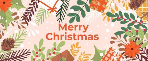 Merry Christmas and Happy New Year greeting card or web header banner. Typography Xmas design with Christmas tree branches, winter plants, snowflakes. Minimal art poster, cover template vector