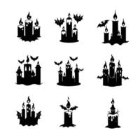 Scary Halloween graphics with haunted houses and flying bats for digital or print use. vector